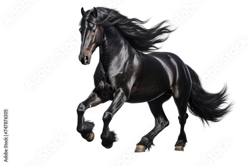 Black Horse. A black horse is shown galloping across a bright white background. The horses movements are dynamic and powerful as it runs with speed and grace across the blank canvas.