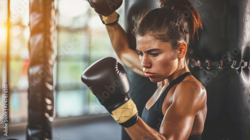 Determined female boxer practices punches on a heavy bag in a gritty gym. © VK Studio