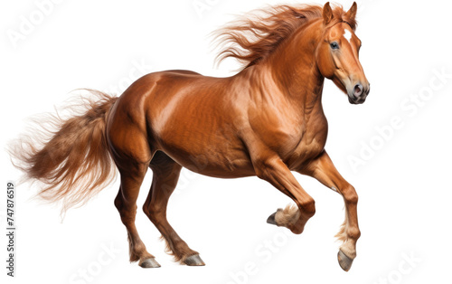 Brown Horse. A brown horse is energetically galloping across a stark white background. Its muscular body is in mid stride, showcasing the power and grace of the animal in motion.