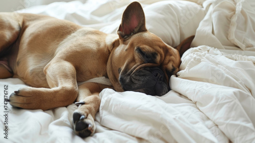 French Bulldog blissfully asleep on a cozy bed, epitomizing relaxation and comfort.