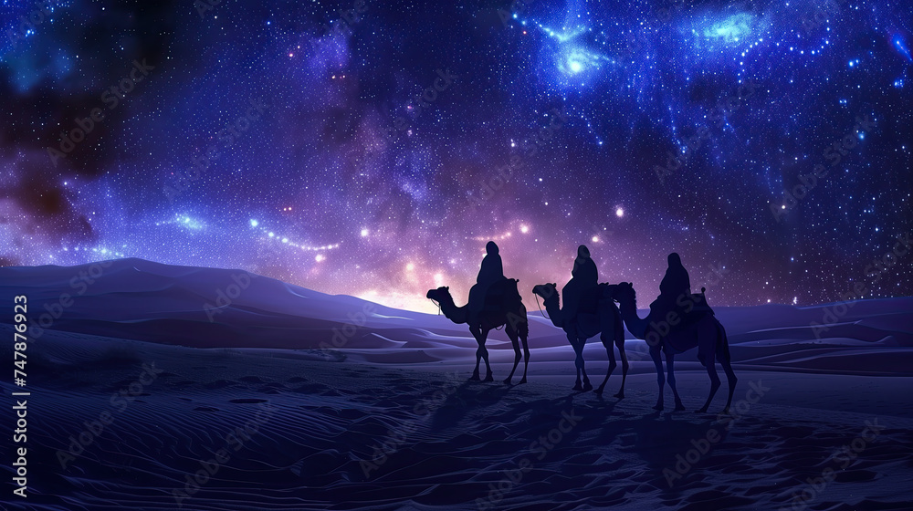 three wise men on camels in desert with the star lights