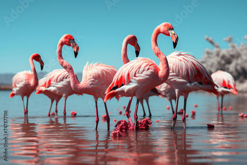 African wild birds. Group of pink African flag birds