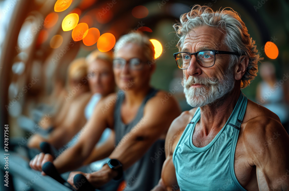 Group of Mature People Working Out in Gym. Seniors Embracing Fitness Together, Active Older Adults Pursuing Health and Happiness, Fitness Club Community, Promoting Wellness and Social Connection