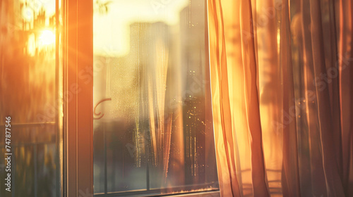  Warm sunlight streaming through sheer curtains by a window  creating a cozy  inviting atmosphere.