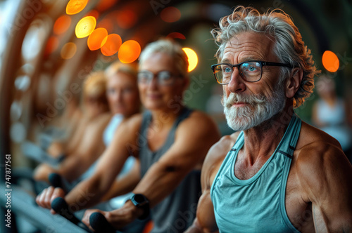 Group of Mature People Working Out in Gym. Seniors Embracing Fitness Together  Active Older Adults Pursuing Health and Happiness  Fitness Club Community  Promoting Wellness and Social Connection