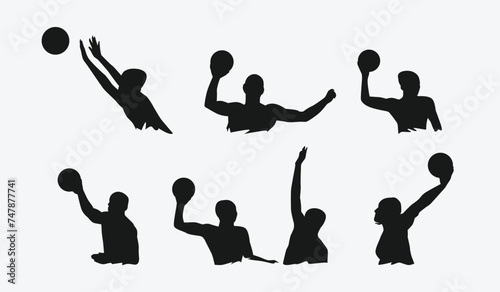 set of silhouettes of water polo players with different poses, gestures. isolated on white background. vector illustration.
