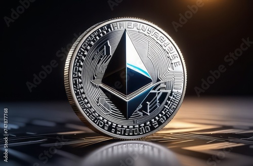 Ethereum (ETH) cryptocurrency coin is an asset of choice for many investors, close up Golden Ethereum ETH coin , Ethereum ocin crypto currency on bright light and black background.
