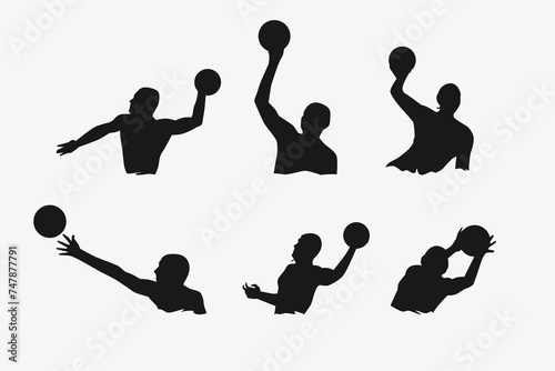 set of silhouettes of water polo players with different poses, gestures. isolated on white background. vector illustration.