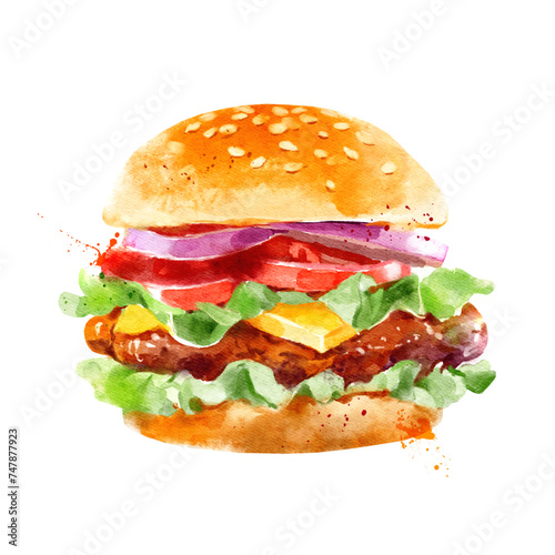 Watercolor hand drawn illustration of hamburger. 4th of July Independence Day of America symbol. Vector painted isolated food packaging design
