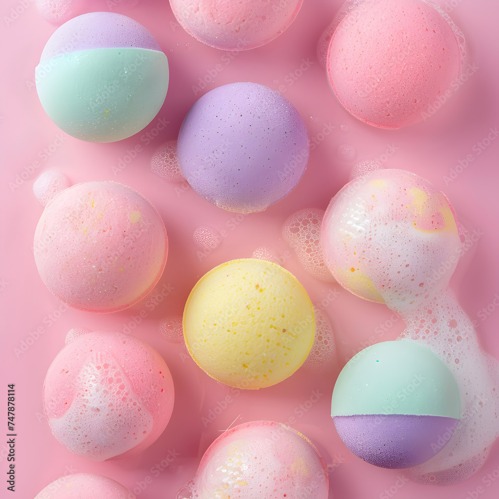 Colorful bath bomb on pink background, top view