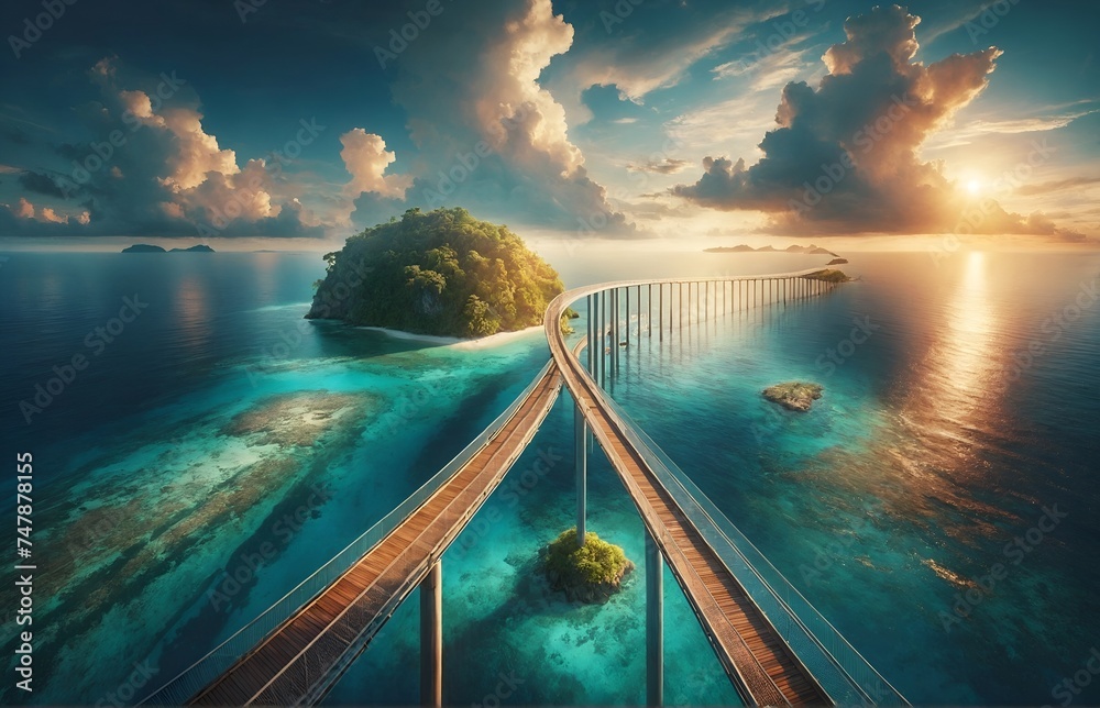 a bridge extending across the ocean - obrazy, fototapety, plakaty 