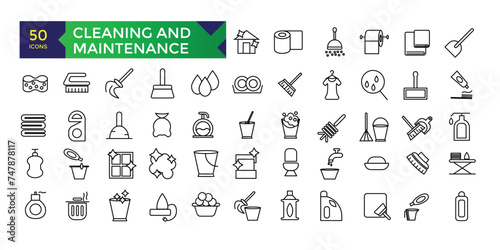 Cleaning and Maintenance Service. Cleaning machine. High pressure washer. Cleaner worker. Pixel Perfect Vector Thin Line Icons.