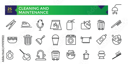 Cleaning and Maintenance Service. Cleaning machine. High pressure washer. Cleaner worker. Pixel Perfect Vector Thin Line Icons.