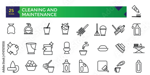 Cleaning and Maintenance Service. Cleaning machine. High pressure washer. Cleaner worker. Pixel Perfect Vector Thin Line Icons.