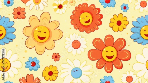 Cute funny kawaii smile face flowers, seamless pattern, on yellow pastel background