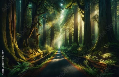 a narrow road meandering through dense forest trees