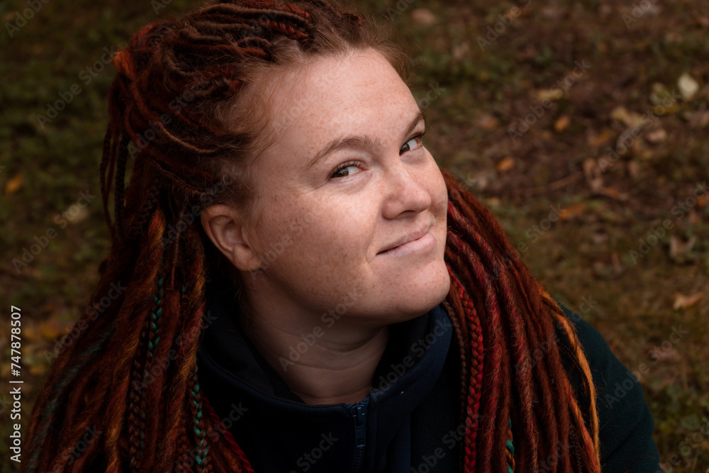 face of happy adult redhead body positive woman with dreadlocks face of happy adult redhead body positive woman with dreadlocks