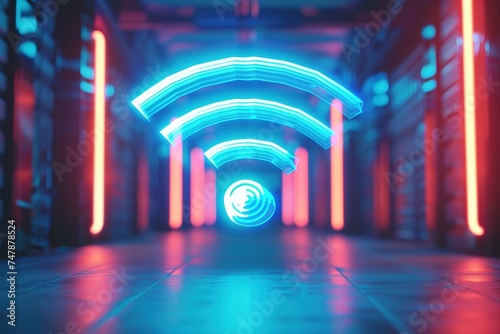 Illustration Wifi blue Perspective room symbol Sci-Fi technology blurred background Futuristic place. and location 3d rendering Technology theme connect communication internet. Beautiful futuristic. photo