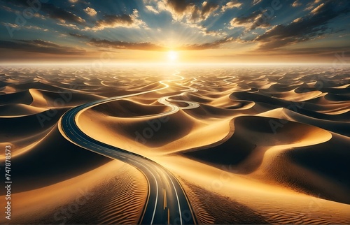 a solitary road winding through the vast sands of the desert