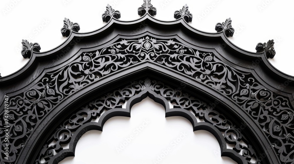 close-up photo of a decorative arch with a floral and scroll design, crafted from black metal and mounted on a white background