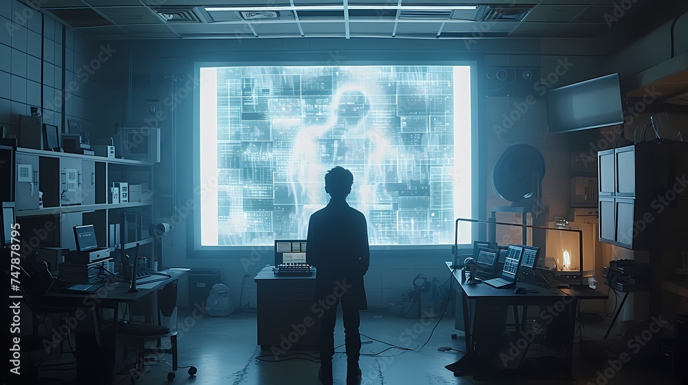 A solitary figure stands before a massive screen displaying intricate data patterns in a dimly lit research lab. The ambiance hints at a breakthrough moment in a high-tech investigation. AI Generative