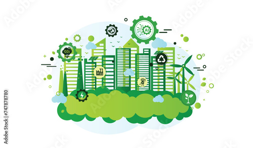 The Concept of AI, Artificial Intelligence and Green Technology For Sustainability Development. Ecology Icons, Environment Vector, Eco Friendly and Green Economy. Flat Doodle Template Design.