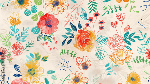 A festive texture featuring hand-drawn flowers delicately sketched across a pleasant paper material.