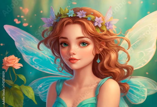 A fairy with delicate wings and a flowing dress, adorned with colorful flowers in her hair. She gazes into the distance with a serene expression, surrounded by a magical aura.