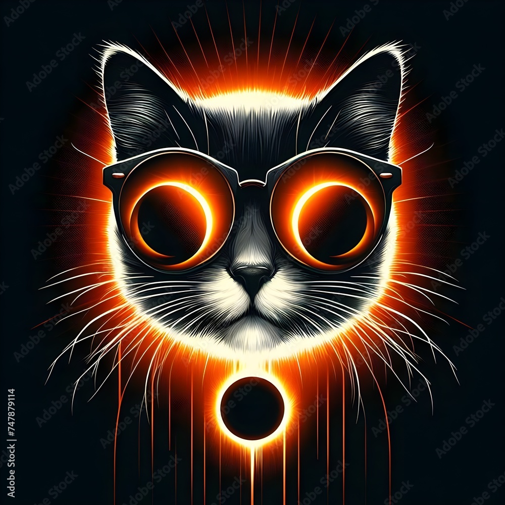 Black Background design with a cat, just 2 color black and orange.