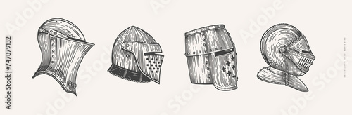 Collection of helmets of foot and mounted knights with visors in engraving style on a light isolated background. Armor of the medieval warrior. Vintage vector illustration. photo