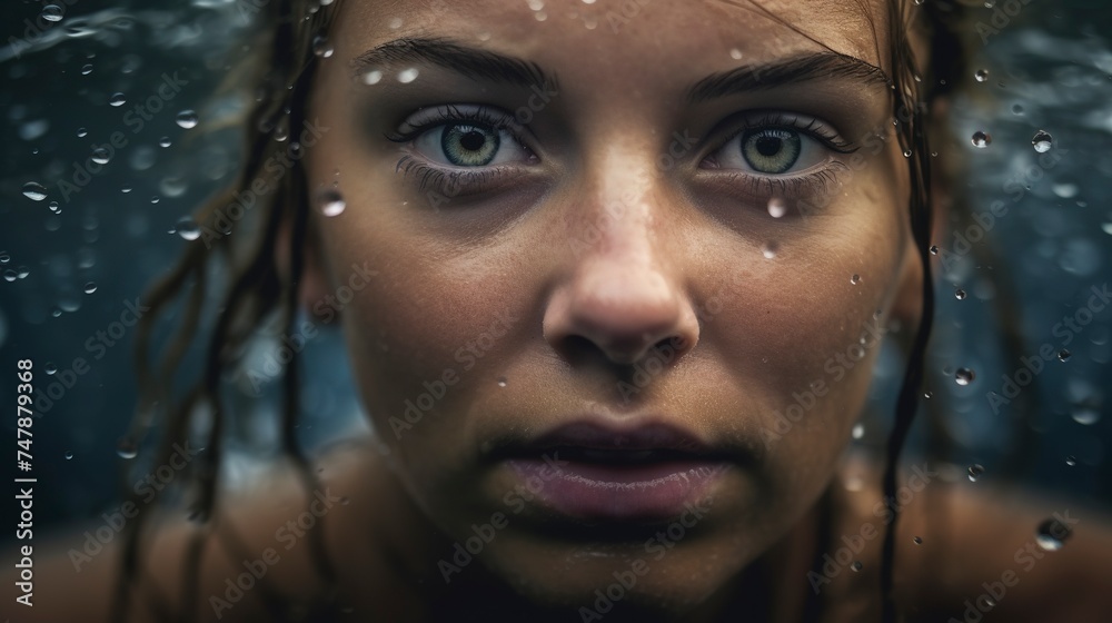 female swimmer, beautiful young woman's face and pretty eyes.Generative AI