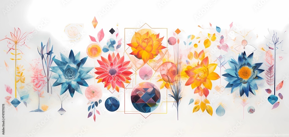 Symmetrical composition of watercolor flowers and esoteric symbols. Design from flowers and planets for banners, invitations, prints. combination of watercolor leaves, planets and geometric elements