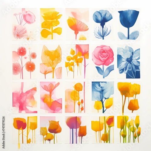 Composition tiles of transparent watercolor flowers. Flat herbarium flowers through x-ray. Silhouettes of watercolor flowers, leaves and twigs for decorating invitations, banners, fabric