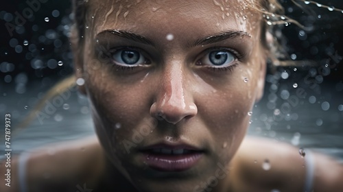 female swimmer, beautiful young woman's face and pretty eyes.Generative AI