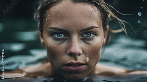 female swimmer, beautiful young woman's face and pretty eyes.Generative AI