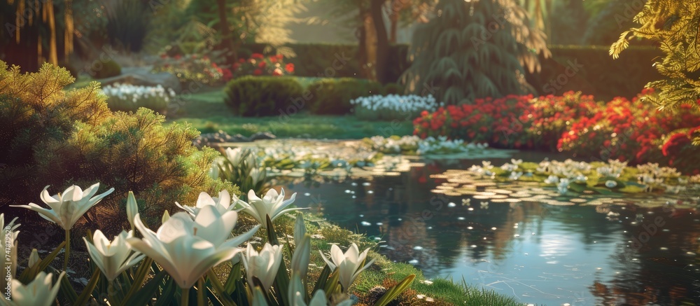 The painting features a garden filled with blooming flowers, specifically showcasing water lilies. The white lilies stand out against the greenery, creating a vibrant and colorful scene.