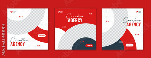 Red geometric round corporate social media post design template. set of business marketing agency layout