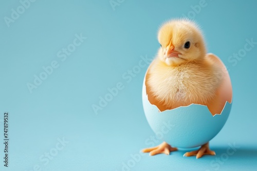 cute and fluffy newborn chick beside a cracked eggshell on a bright yellow background, embodying the spirit of spring and new beginnings