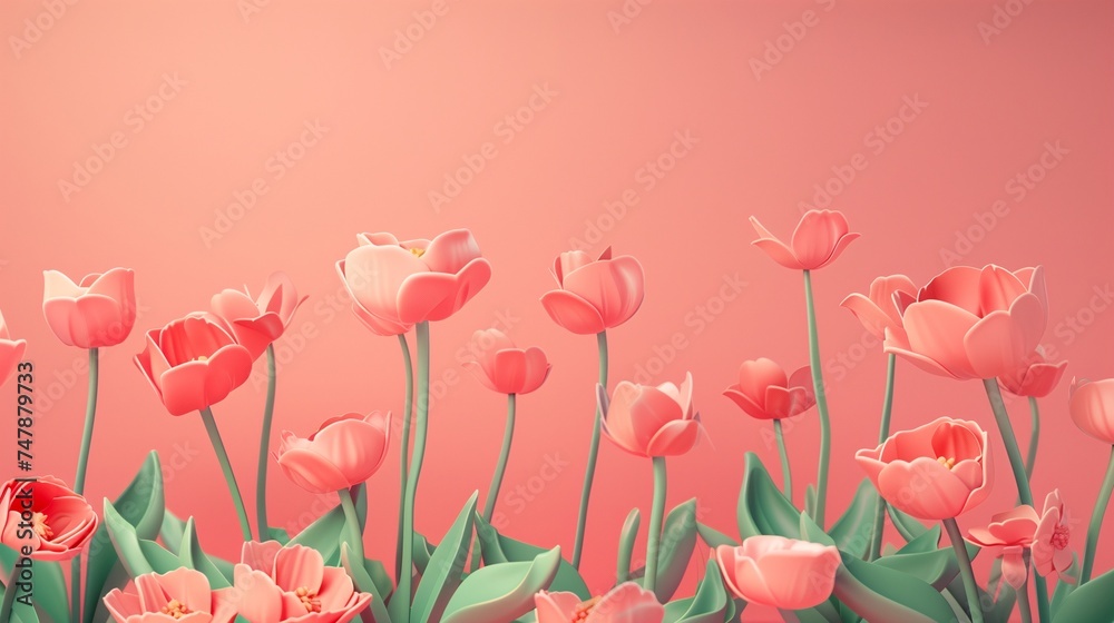 Field of pink tulips. A serene and harmonious display of pink tulips with varying shades and bloom stages, set against a soft pink background, ideal for a spring-themed poster or greeting card.