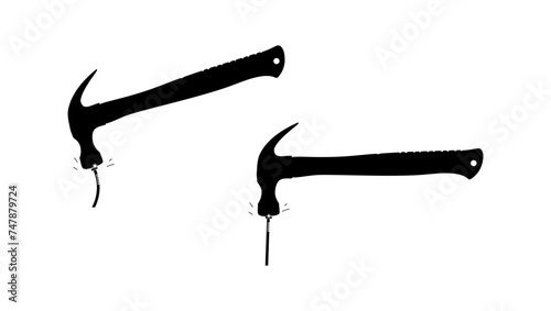 hammer hitting nail, black isolated silhouette