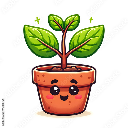 a cheerful and animated illustration of a young plant with two vibrant green leaves sprouting from a rich brown soil, housed in a terracotta pot.