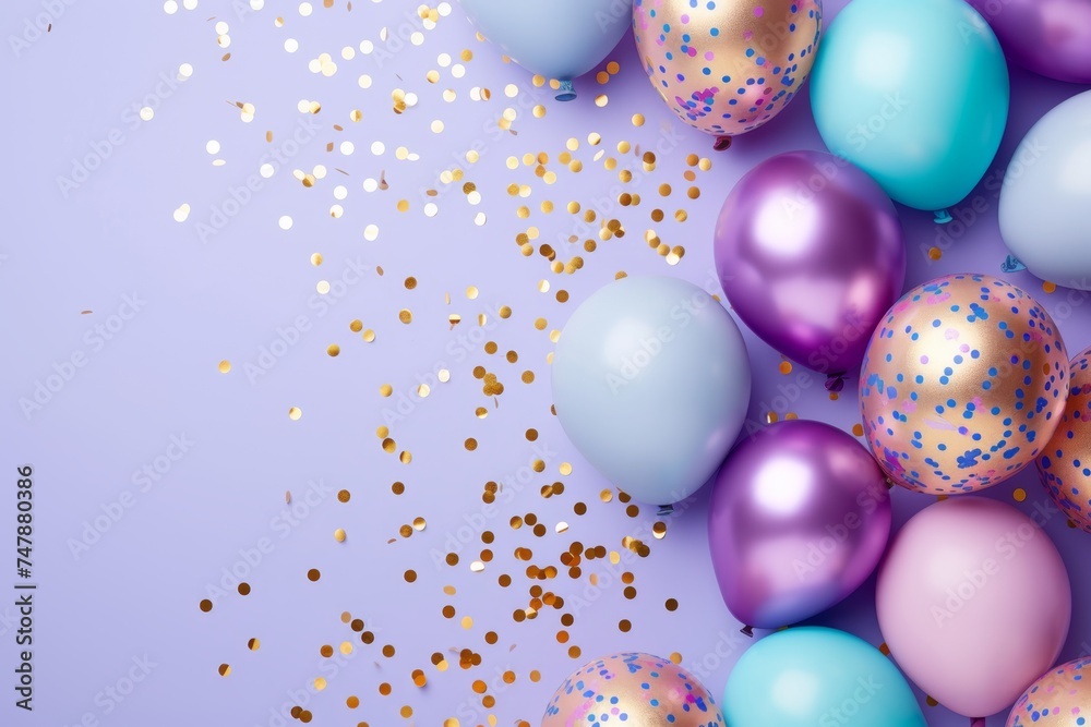Balloons with confetti. Background template design with helium balloons for Party for Birthday and anniversary celebration, carnival. weddings and valentine's day and international women's day Balloons with confetti. Background template design with helium balloons for Party for Birthday and anniversary celebration, carnival. weddings and valentine's day and international women's day