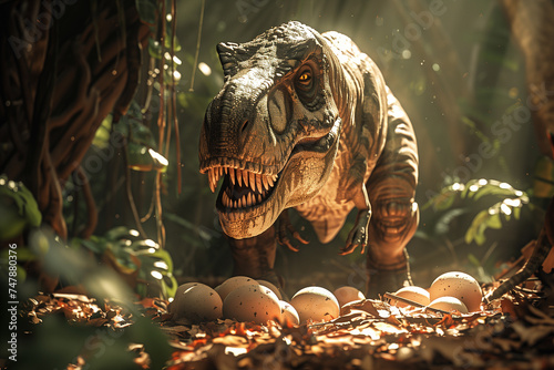 Tyrannosaurus Rex is protecting its egg . Sunlight bathes the scene in a warm glow . © stockdevil