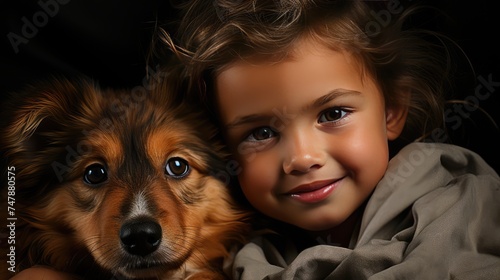 A small happy child sits next to a large, good-natured dog and hugs her. Close-up of a face.