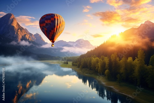 a hot air balloon over a river