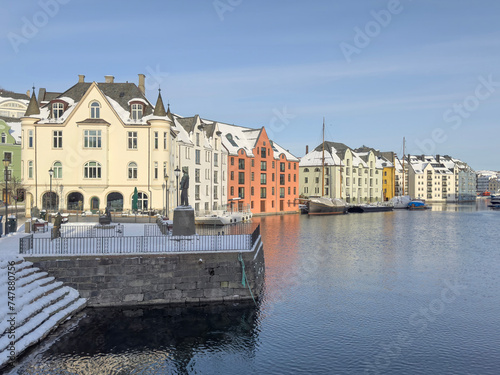 The Jugend city Aalesund (Ålesund) harbor on a beautiful cold winter's day. Møre and Romsdal county 