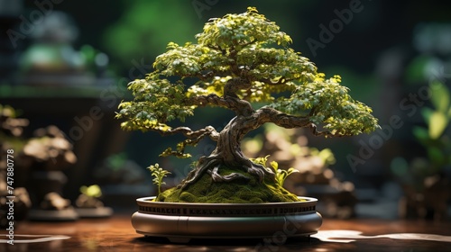 A bonsai tree stands in a ceramic pot. The theme of balance in life.