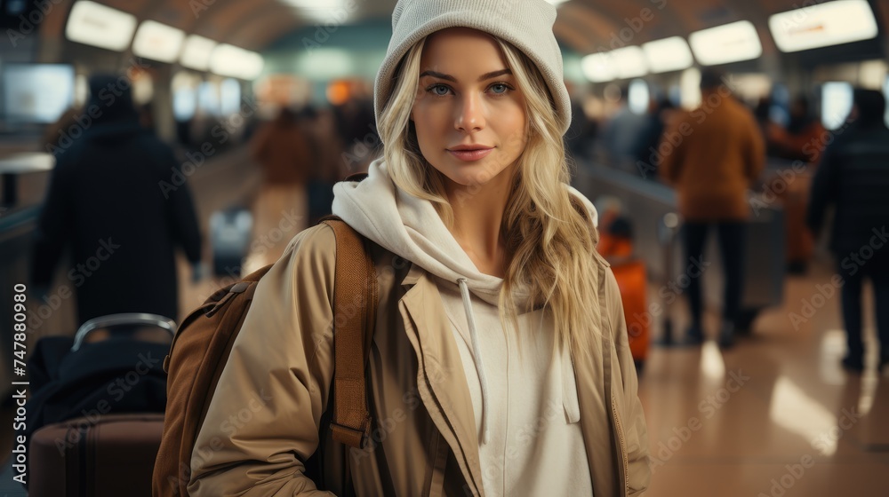 Young beautiful successful girl traveler. Theme of tourism and active pastime. Young beautiful successful girl traveler. Theme of tourism and active pastime.