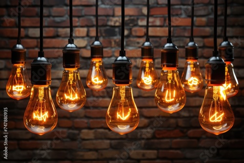 Glass switched-on light bulbs hang against the background of a dirty brick wall. Theme of inspiration and motivation.