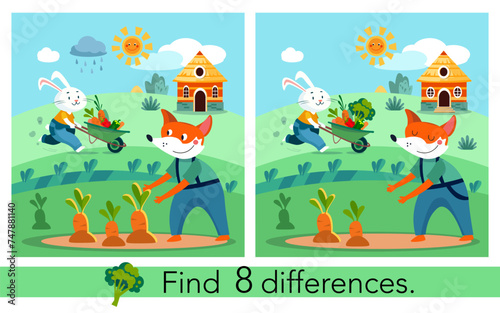 Find 8 differences. Educational puzzle game for children. Cute flat cartoon fox and rabbit with vegetables in wheelbarrow. Farm and garden, plants. Vector flat illustration.